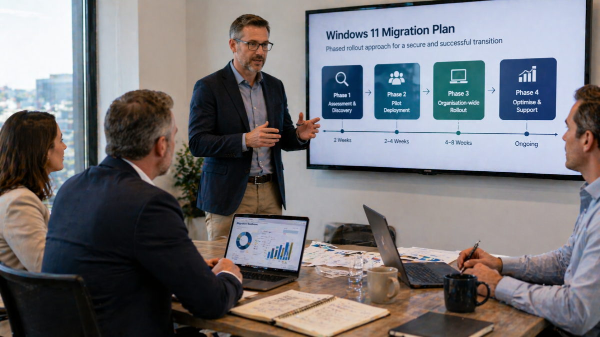 IT consultant presenting a phased Windows migration timeline to Perth business stakeholders
