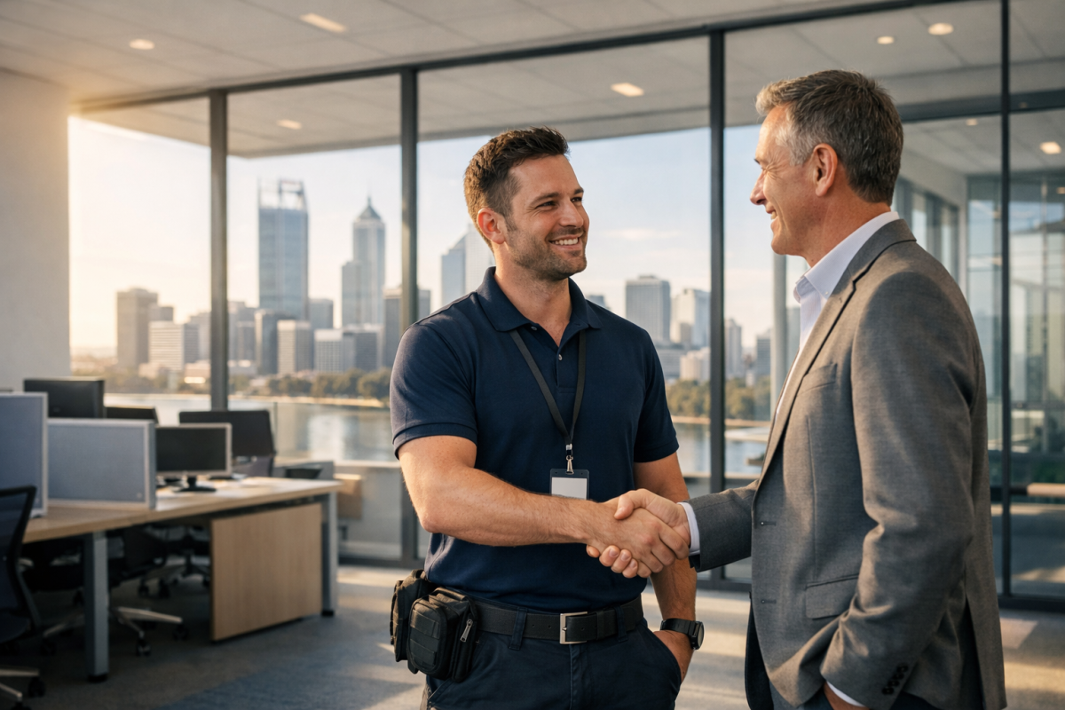 Business handshake with city skyline backdrop.