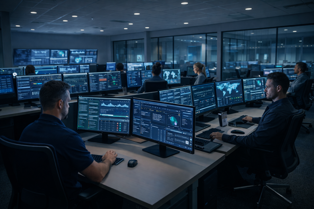 Managed IT services operations centre with technicians monitoring business networks