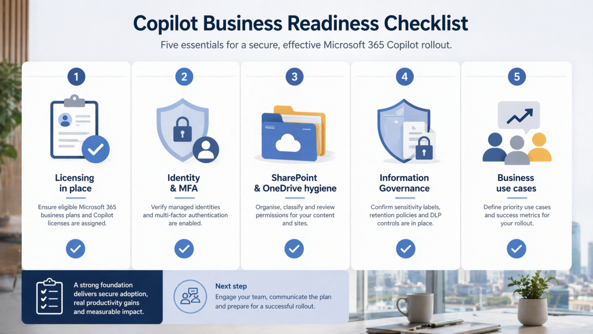 Microsoft 365 Copilot readiness checklist covering licensing, identity, SharePoint hygiene, governance, and business use cases