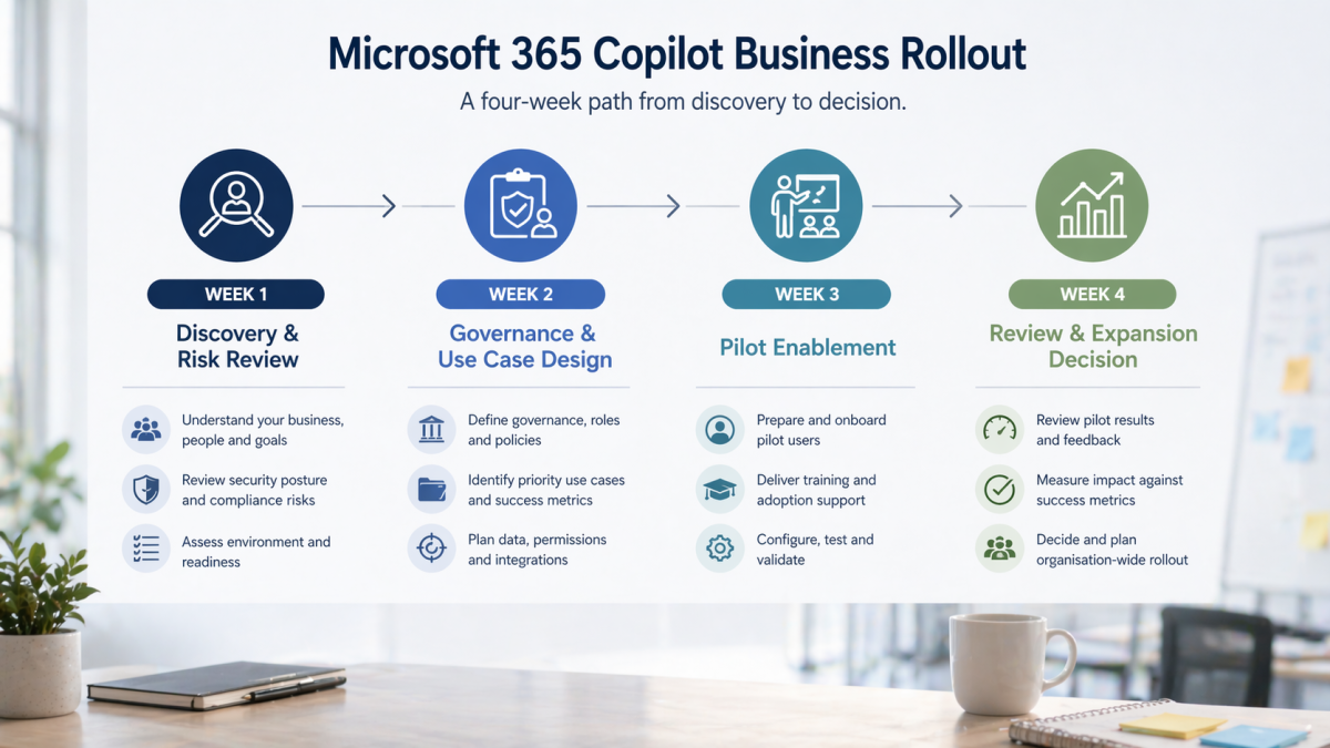 Four-week Microsoft 365 Copilot rollout timeline for a Perth small business pilot