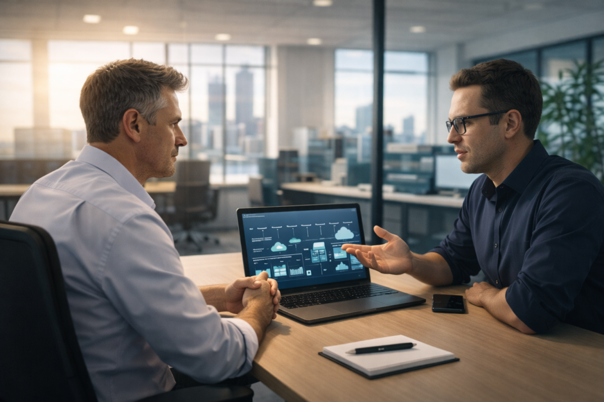 Perth operations manager in consultation with IT specialist reviewing cloud migration roadmap. Showing the difference between cloud server vs on-prem