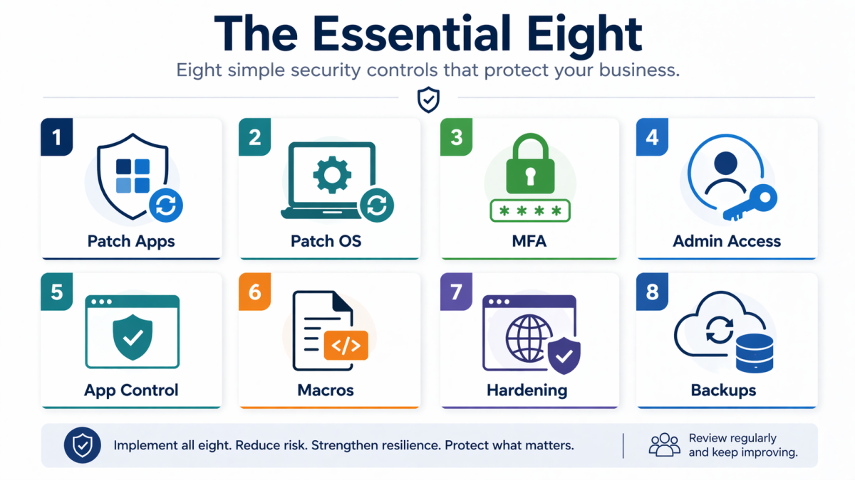 Essential Eight visual summary with icons for patching, MFA, admin control, hardening, macros, and backups