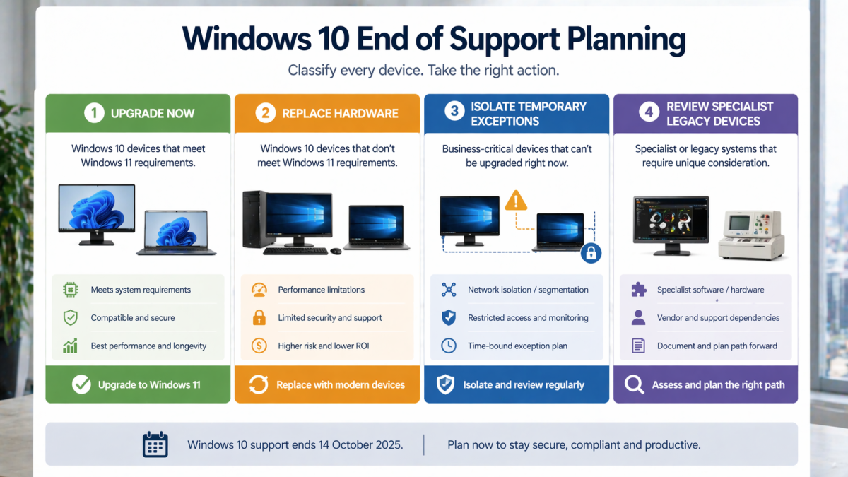 Business device fleet classification graphic showing upgrade, replace, isolate, and exception categories