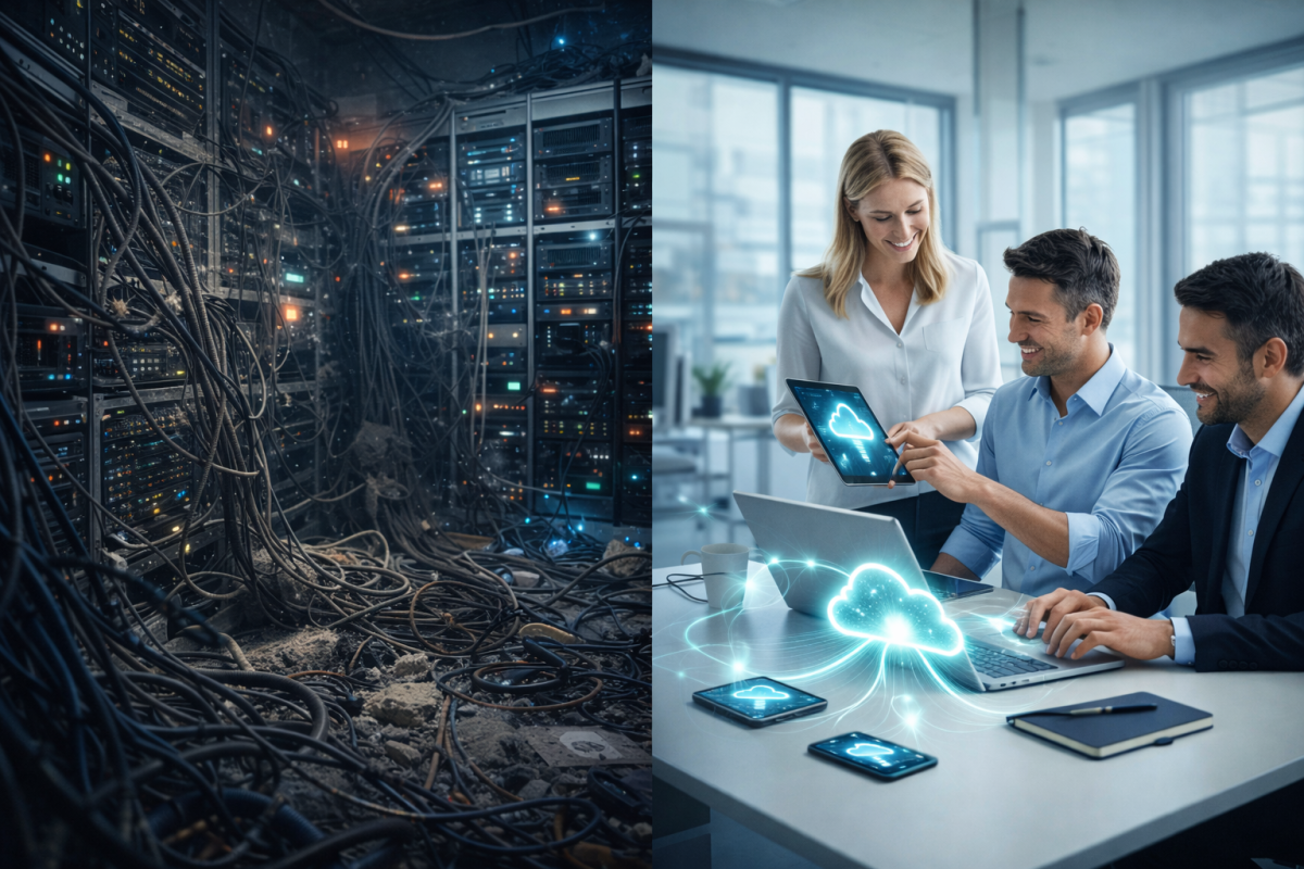 Before/after comparison showing on-premise server room vs clean cloud setup