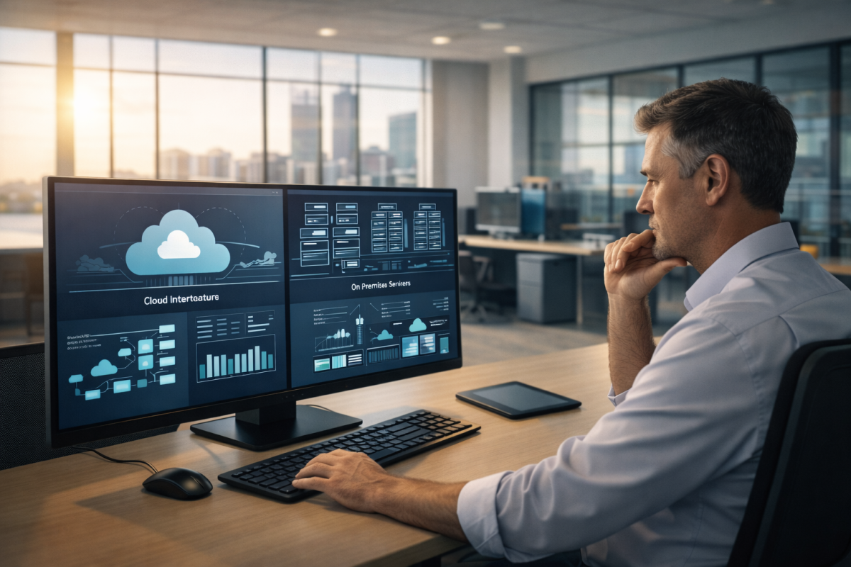 Perth business man comparing cloud and on-prem.