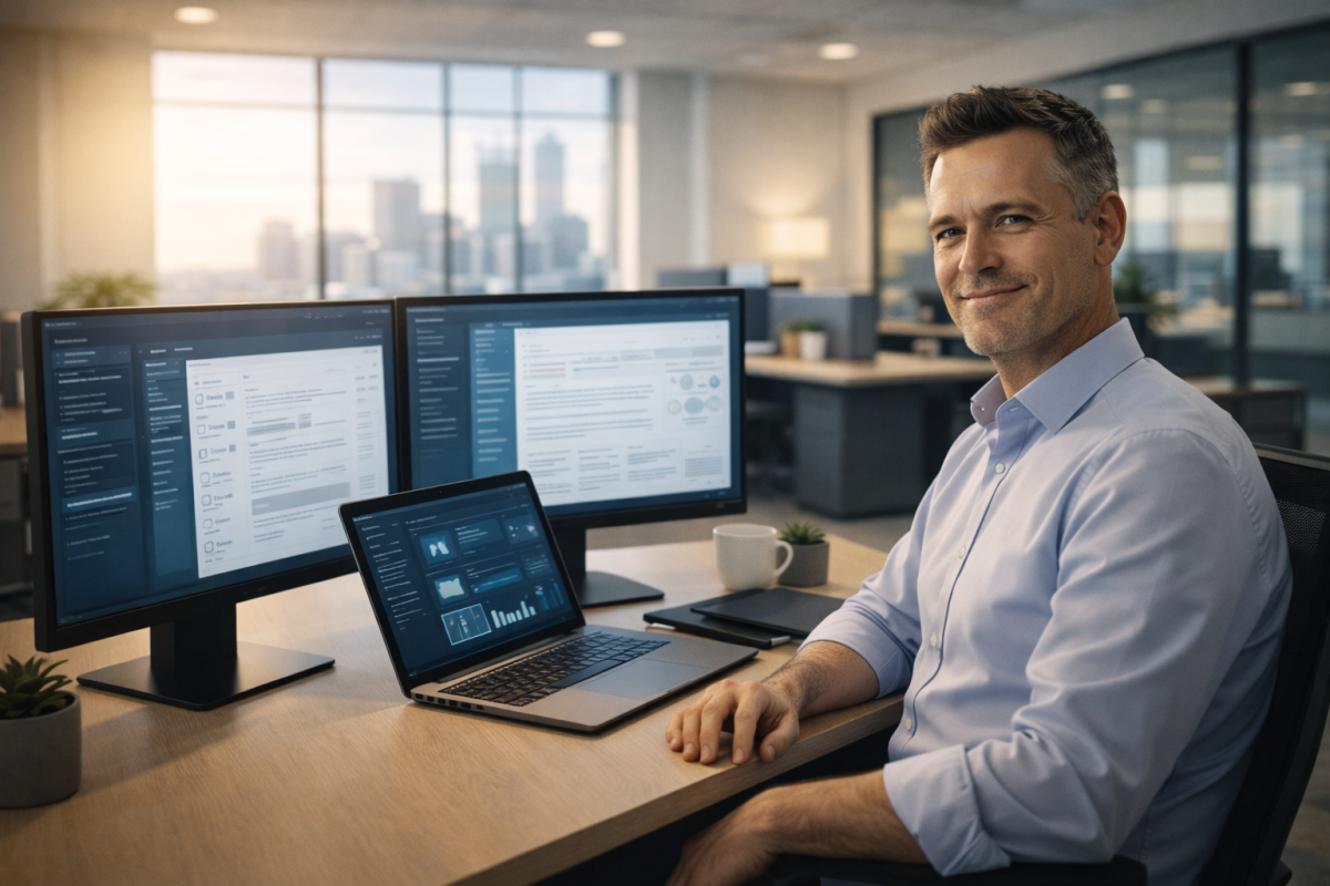 Satisfied Perth SMB owner at fully operational workstation in a calm, well-functioning office