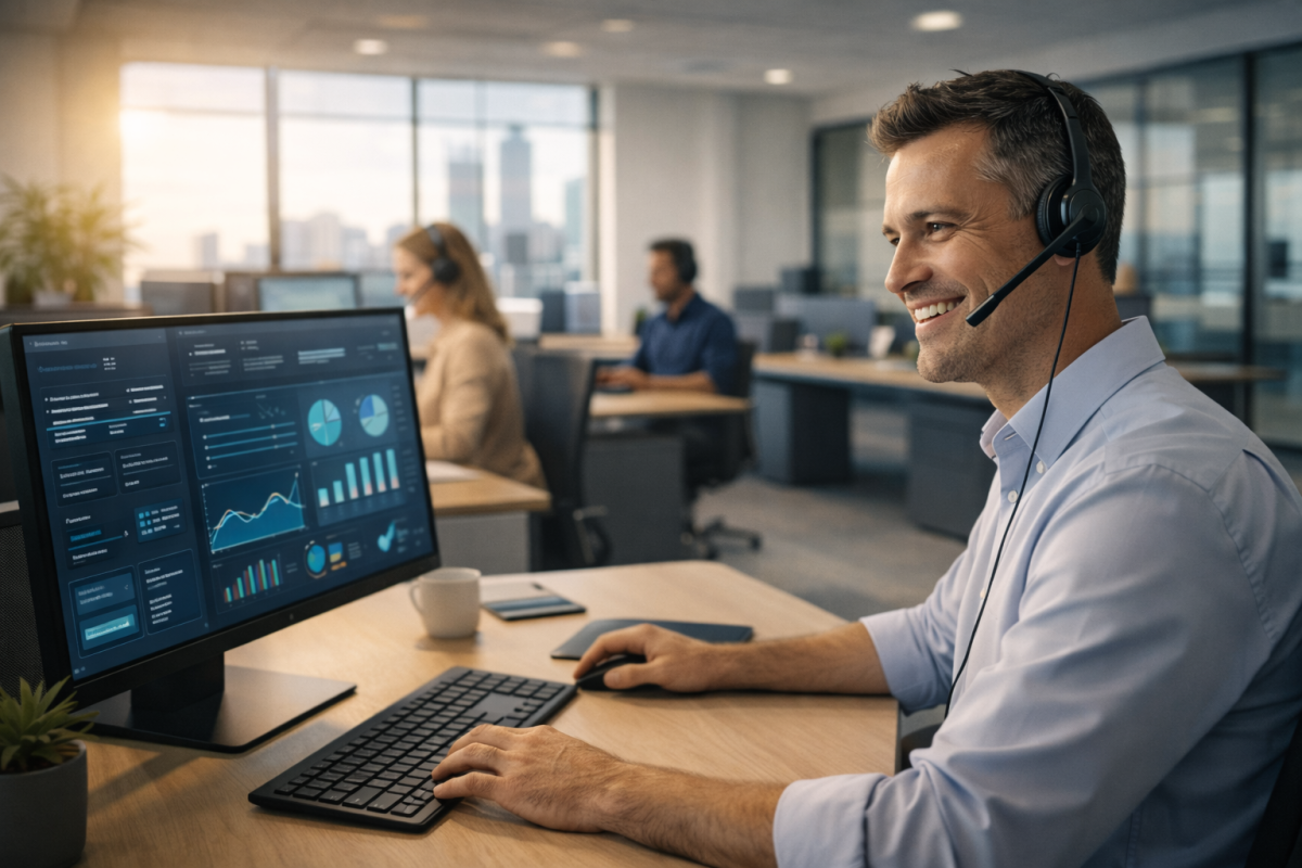 IT support company in Perth. Technician on headset assisting a business client with warmth and professionalism.