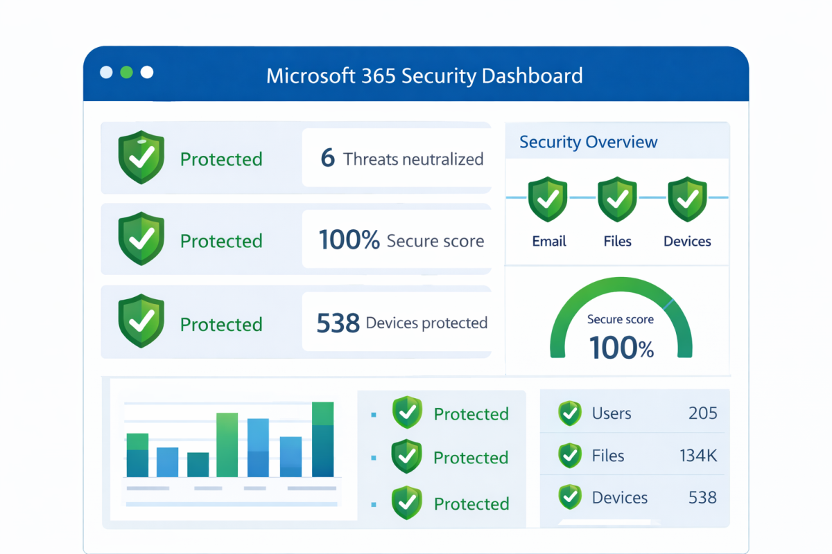Security dashboard showing Microsoft 365 Defender protection overview