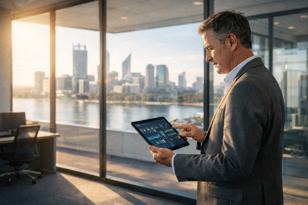 Business executive using tablet with skyline.