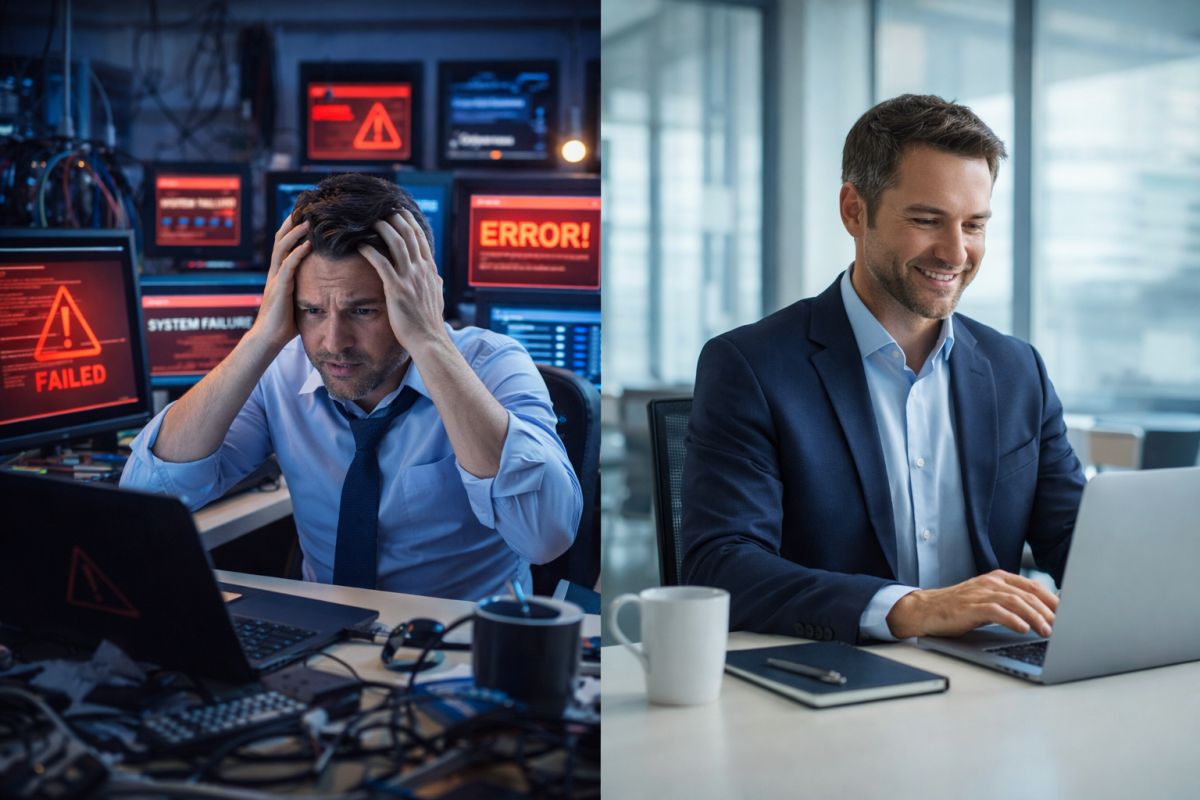 Managed IT Services Perth: The Complete Guide for SMBs in 2026 1 stressed business owner vs. relaxed owner using managed IT